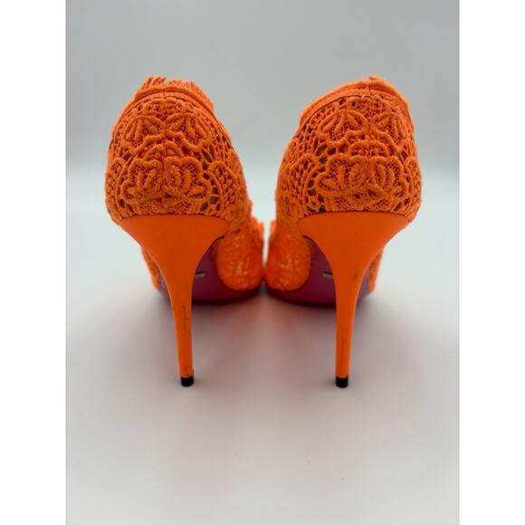 Gucci Mary Jane Heels Neon Orange Lace Size 39 Rhinestone Buckle Authentic - Picture 4 of 14